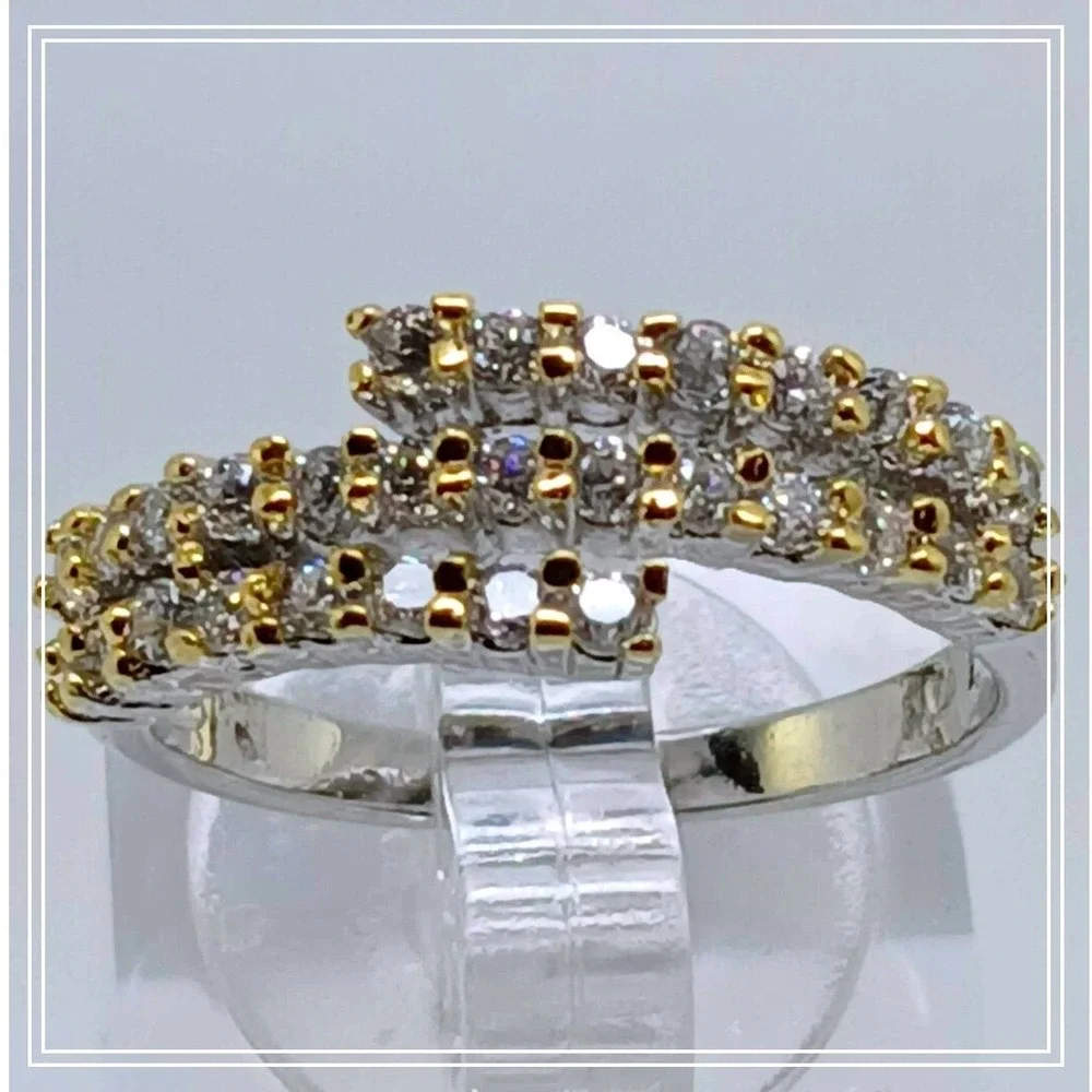 Vintage Two Tone Silver Gold Triple Row Bypass Wrap Ring‎ Crossover Band Size 7
